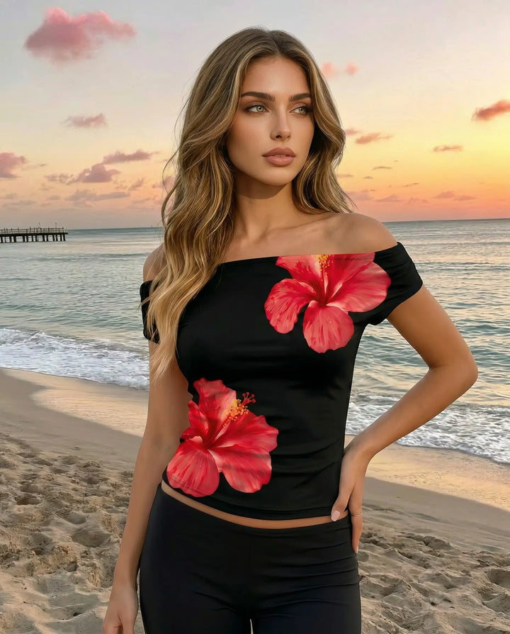 SOLACE  Black Hibiscus Print Off-Shoulder Short Sleeve T-Shirt 