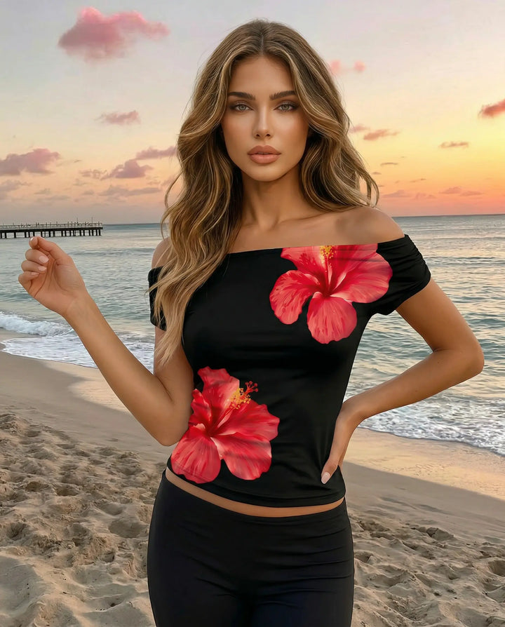 SOLACE  Black Hibiscus Print Off-Shoulder Short Sleeve T-Shirt 