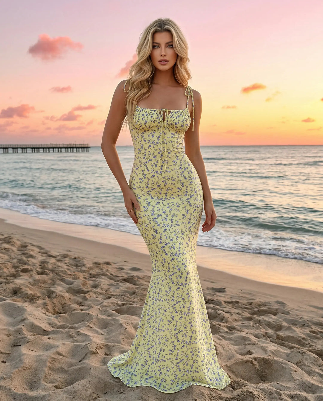 SOLACE  Yellow Floral Print Tie Strap Bodycon Maxi Dress 