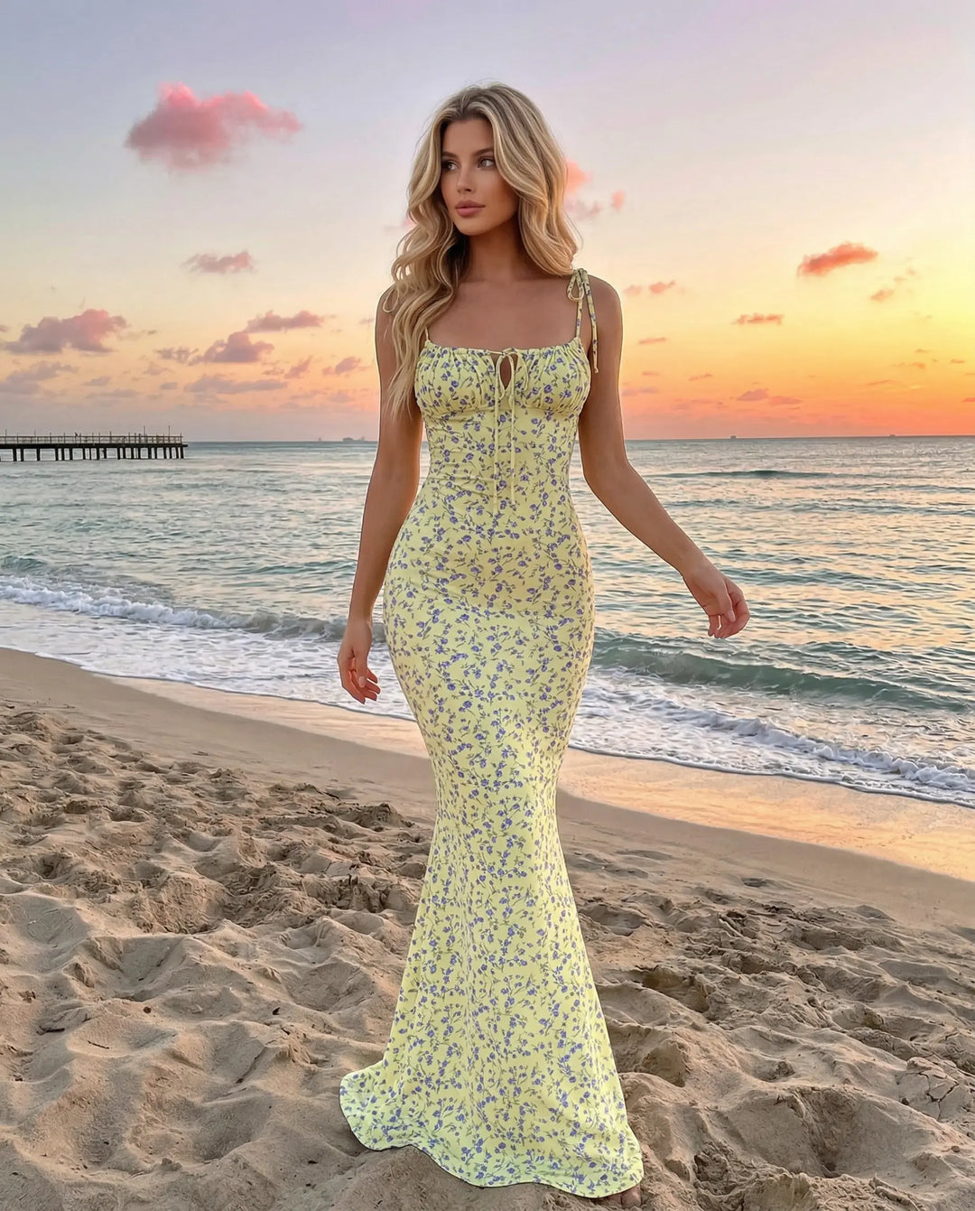 SOLACE  Yellow Floral Print Tie Strap Bodycon Maxi Dress 
