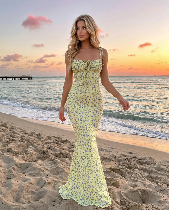 SOLACE  Yellow Floral Print Tie Strap Bodycon Maxi Dress 