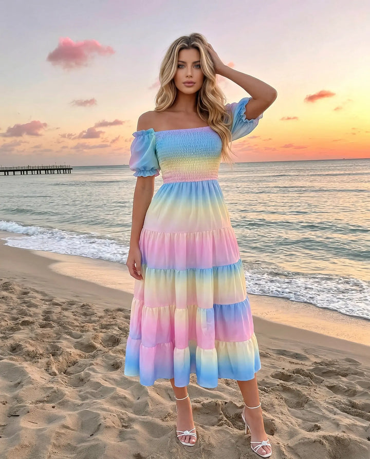 SOLACE  Rainbow Gradient Off-Shoulder Tiered Midi Dress 