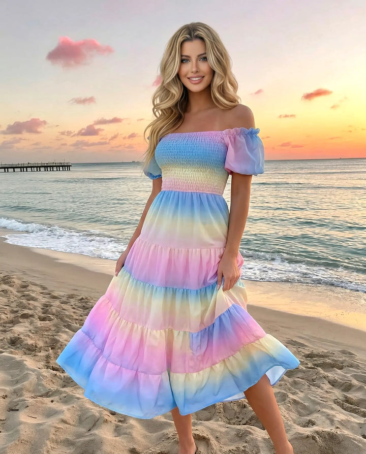 SOLACE  Rainbow Gradient Off-Shoulder Tiered Midi Dress 