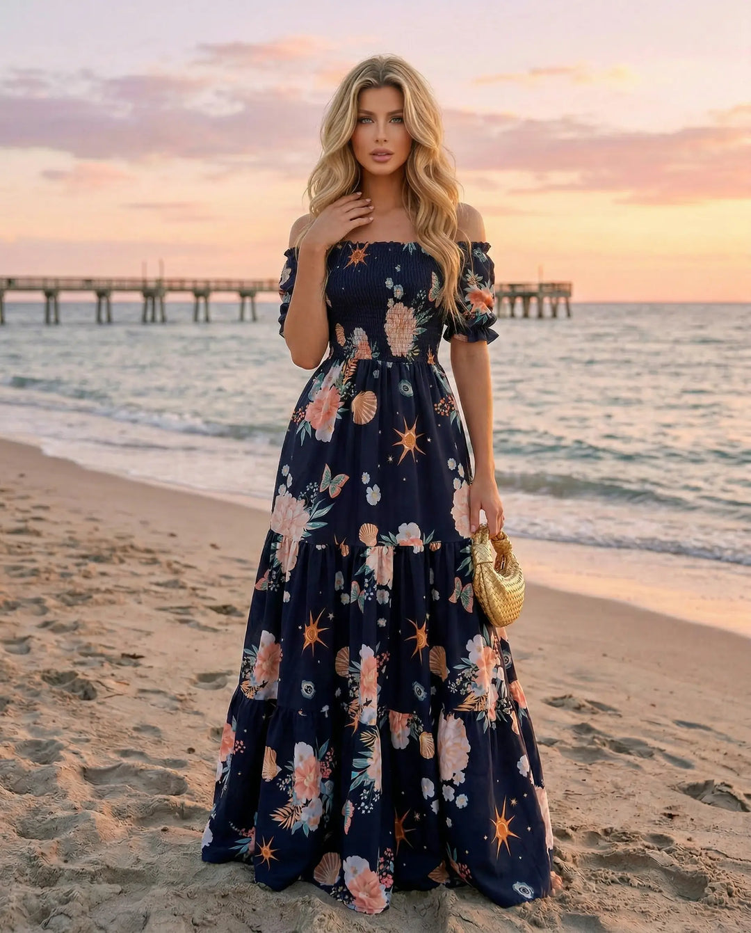 SOLACE  Navy Blue Floral Print Off-Shoulder Tiered Maxi Dress 