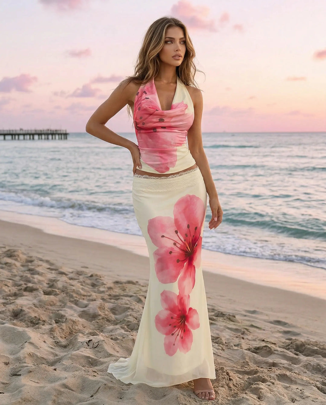 SOLACE  Pink Floral Print Halter Top and Lace Waist Maxi Skirt Two-Piece Set 