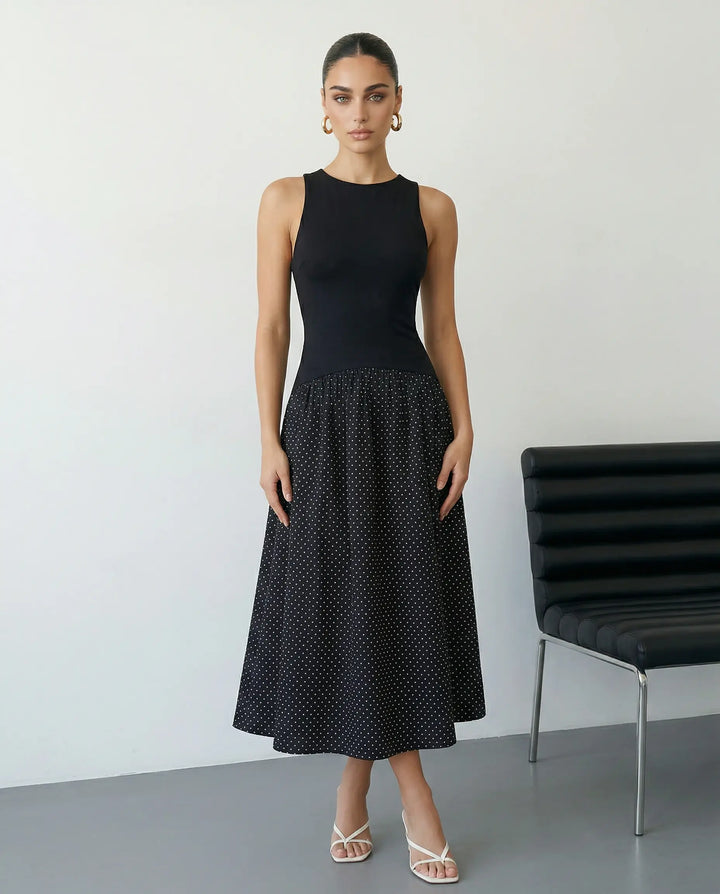 SOLACE  Black Polka Dot Sleeveless Knit Top and Skirt Midi Dress 