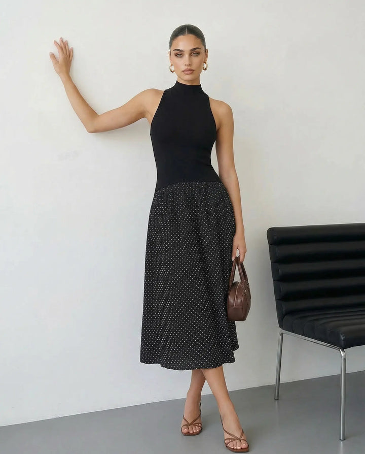SOLACE  Black Polka Dot Sleeveless Knit Top and Skirt Midi Dress 
