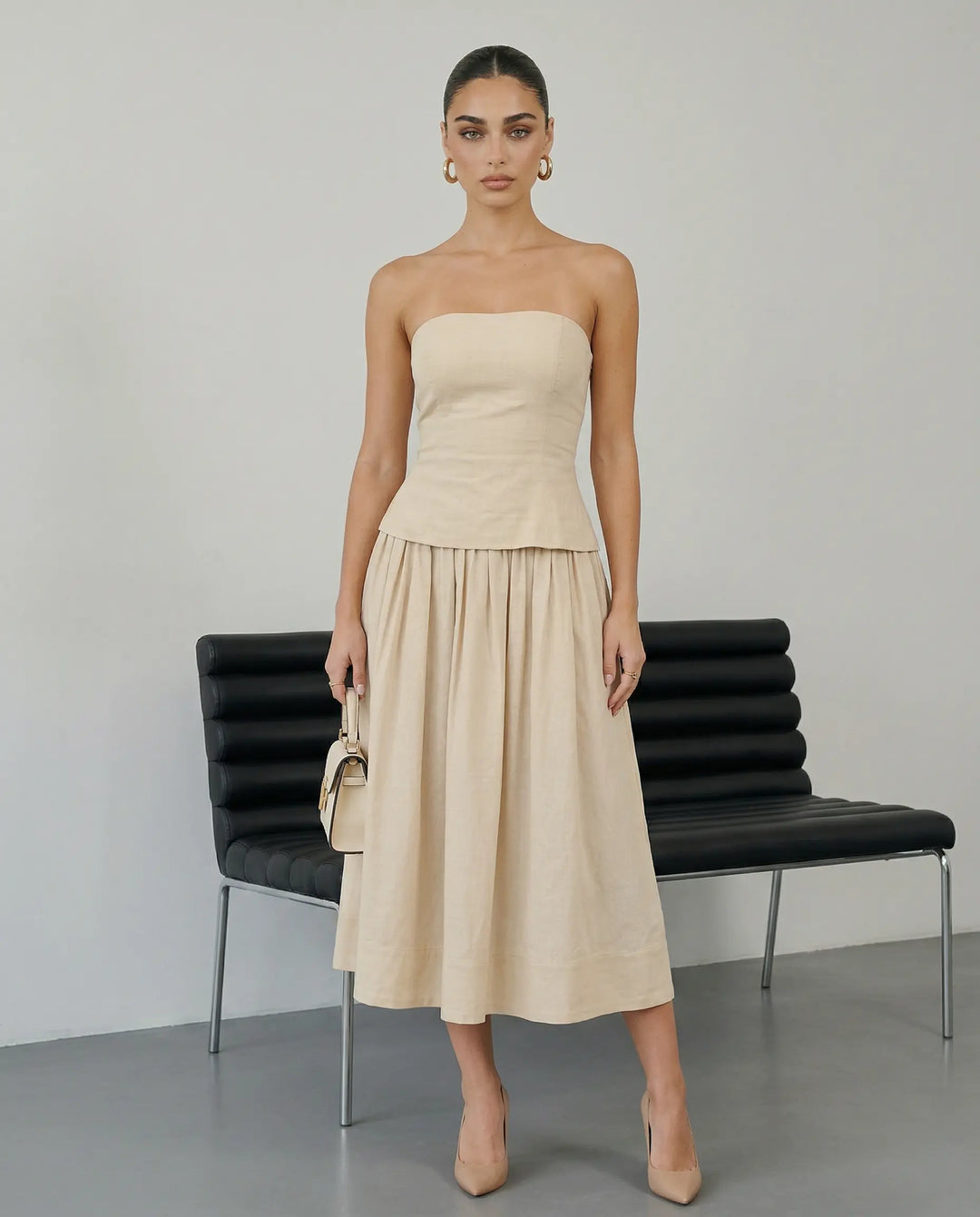 SOLACE  Beige Strapless Peplum Top Midi Skirt Two-Piece Dress 