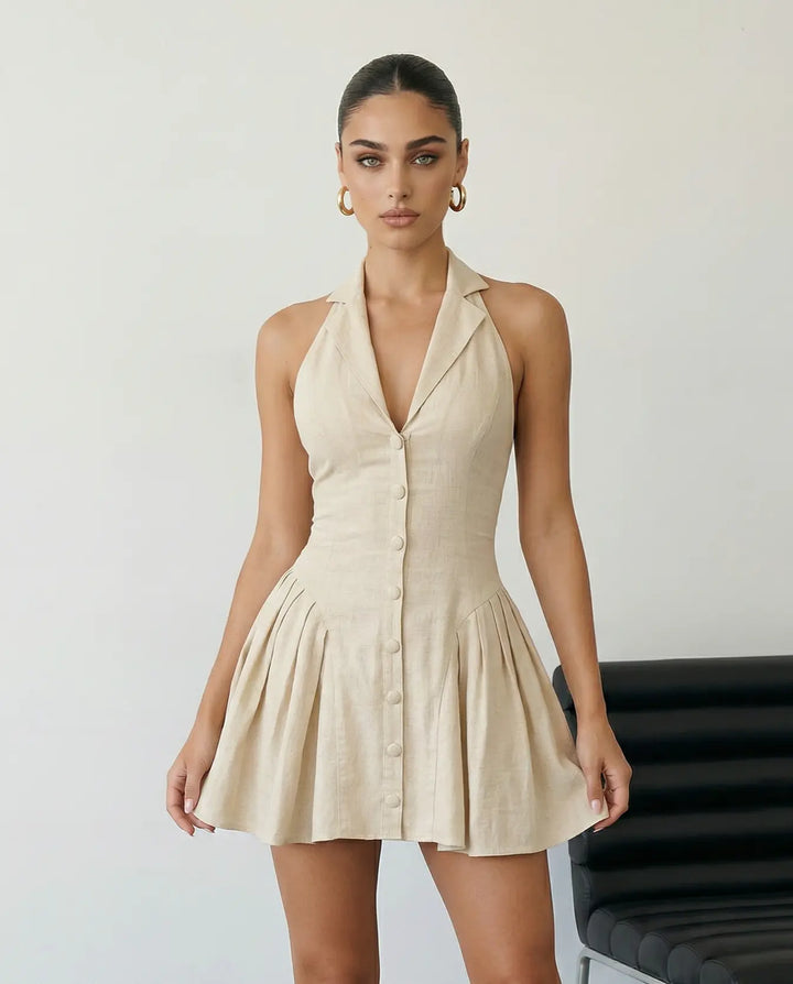 SOLACE  Beige Halter Neck Linen Blend Pleated Mini Dress 