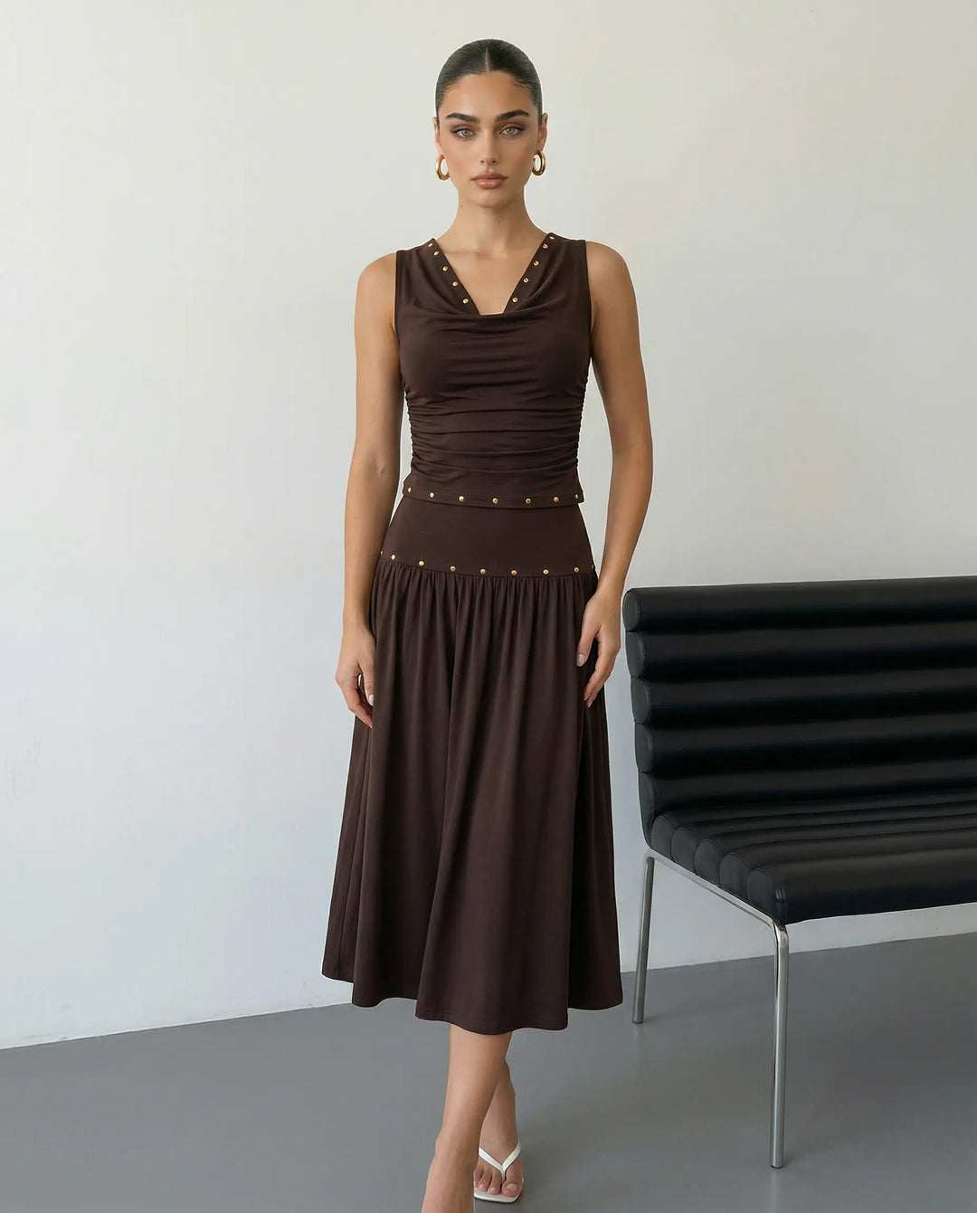 SOLACE  Brown Cowl Neck Ruched Crop Top Midi Skirt Set 