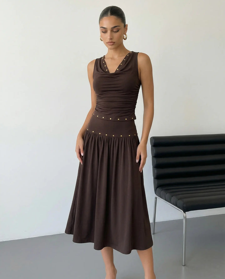 SOLACE  Brown Cowl Neck Ruched Crop Top Midi Skirt Set 