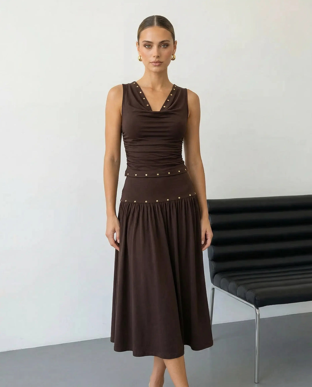 SOLACE  Brown Cowl Neck Ruched Crop Top Midi Skirt Set 