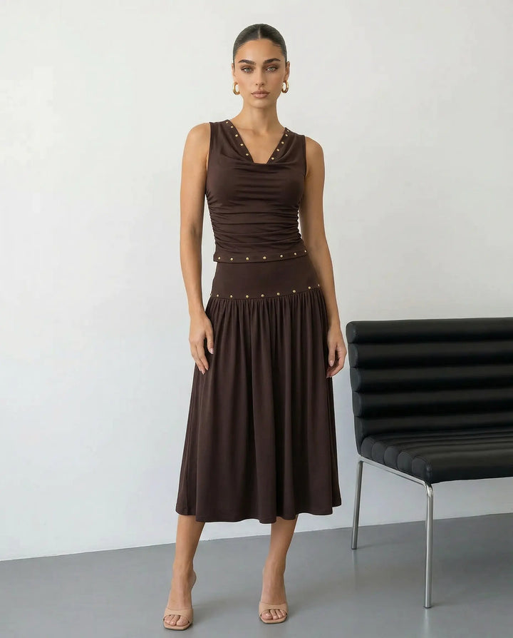 SOLACE  Brown Cowl Neck Ruched Crop Top Midi Skirt Set 