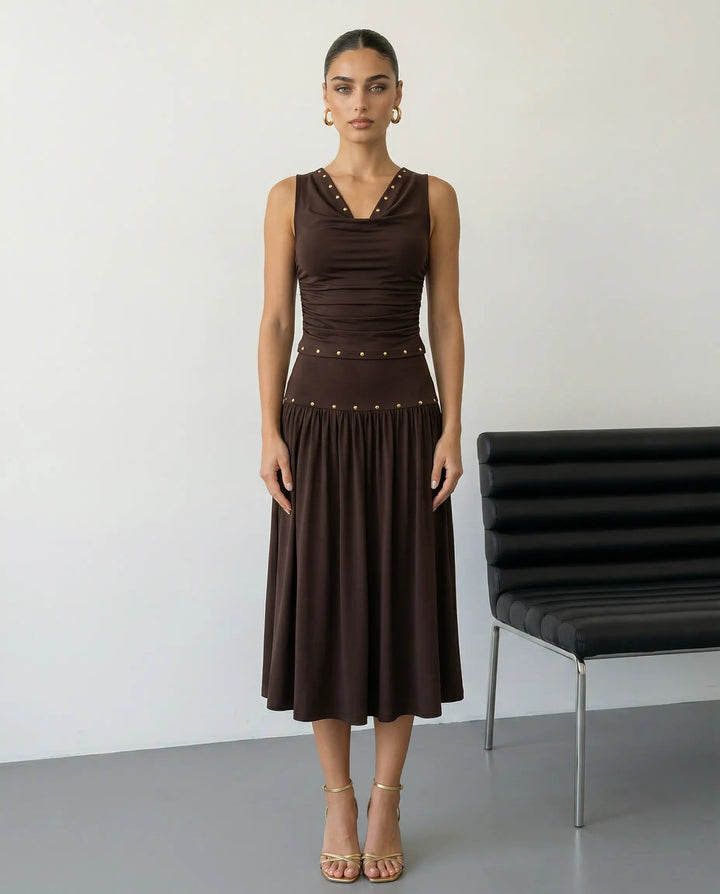 SOLACE  Brown Cowl Neck Ruched Crop Top Midi Skirt Set 