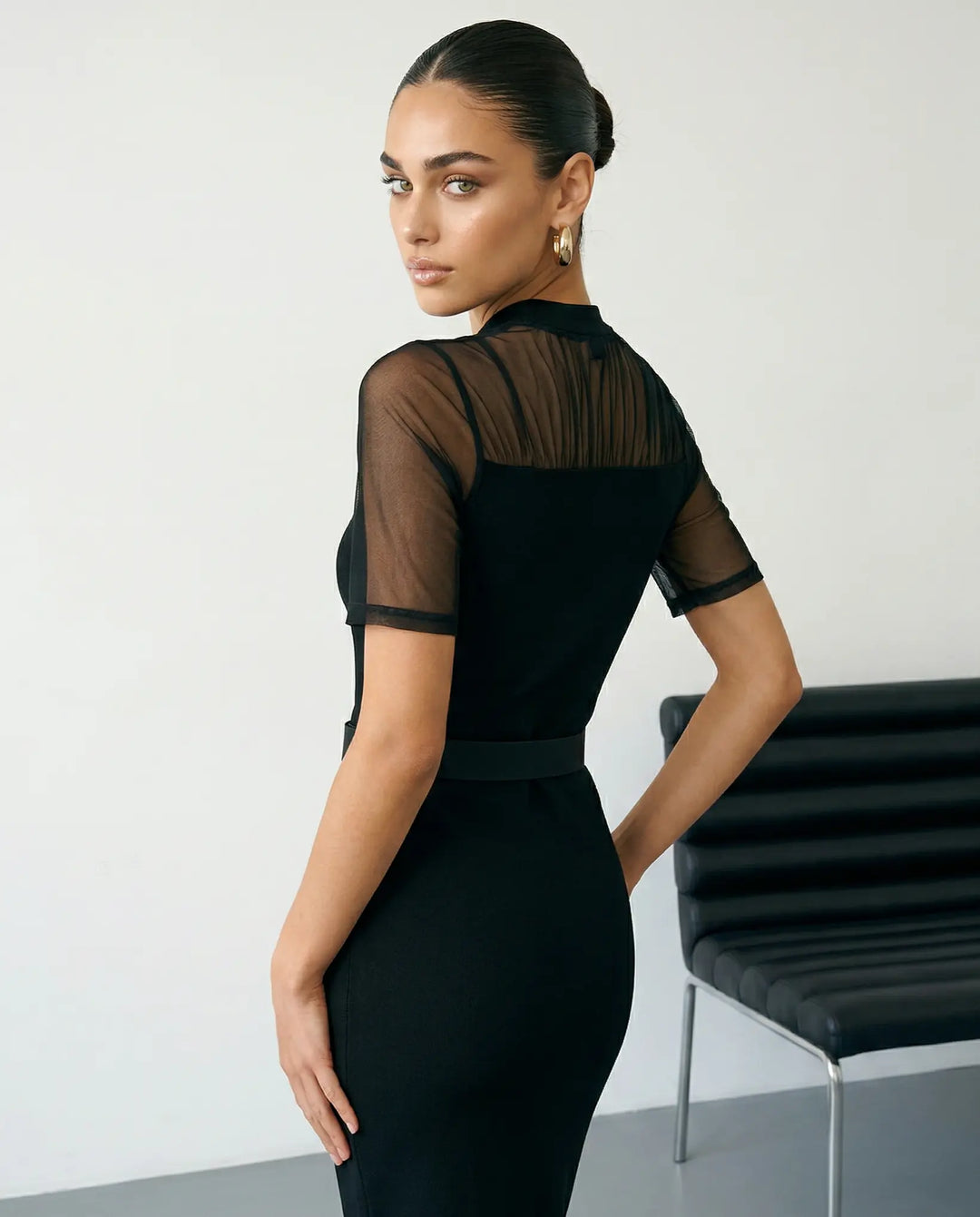 SOLACE  Black Mock Neck Mesh Panel Bodycon Mini Dress 