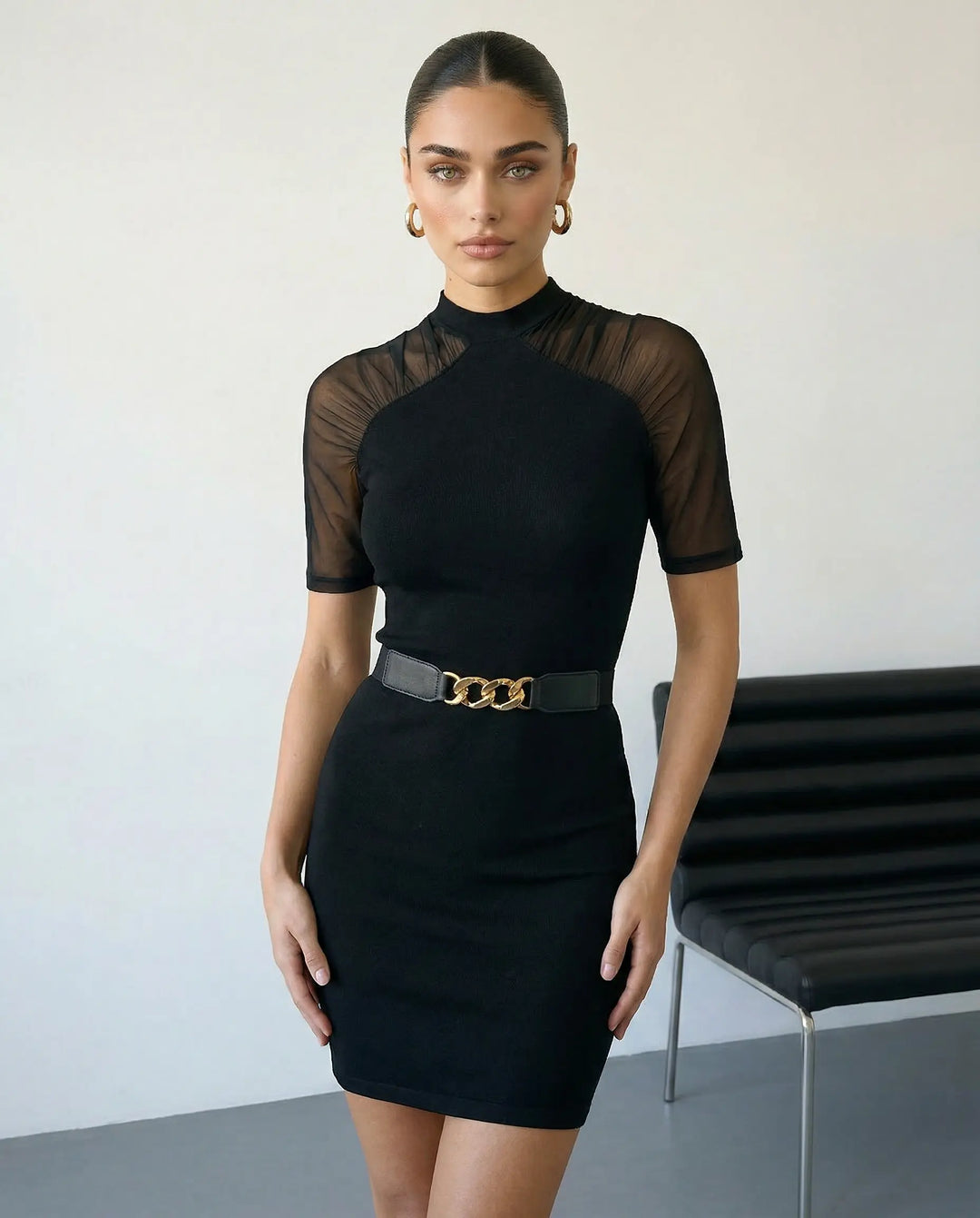 SOLACE  Black Mock Neck Mesh Panel Bodycon Mini Dress 