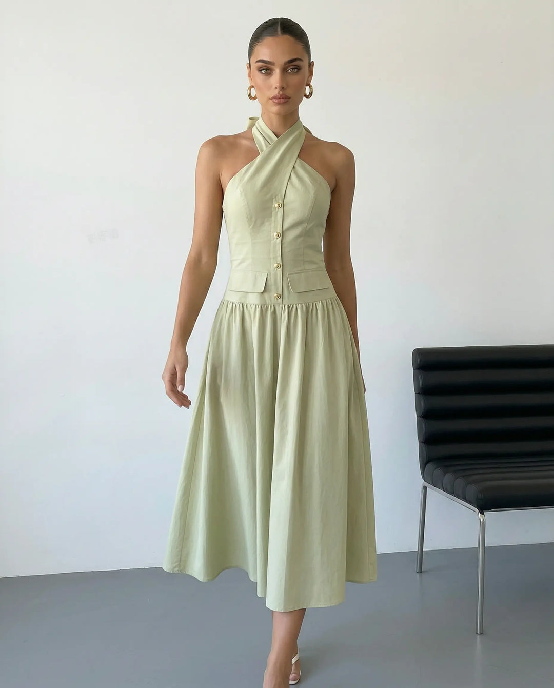 SOLACE  Light Green Halter Neck Bow Back Midi Dress 