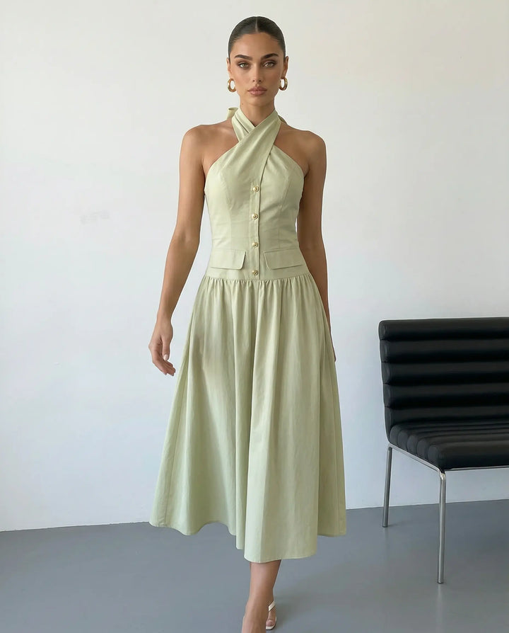 SOLACE  Light Green Halter Neck Bow Back Midi Dress 