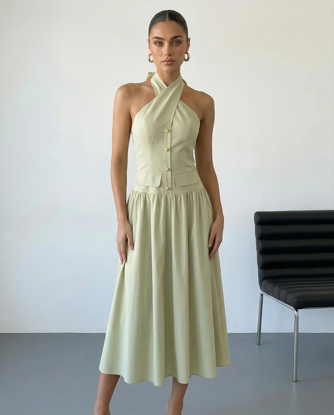SOLACE  Light Green Halter Neck Bow Back Midi Dress 
