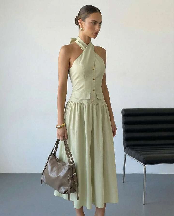 SOLACE  Light Green Halter Neck Bow Back Midi Dress 