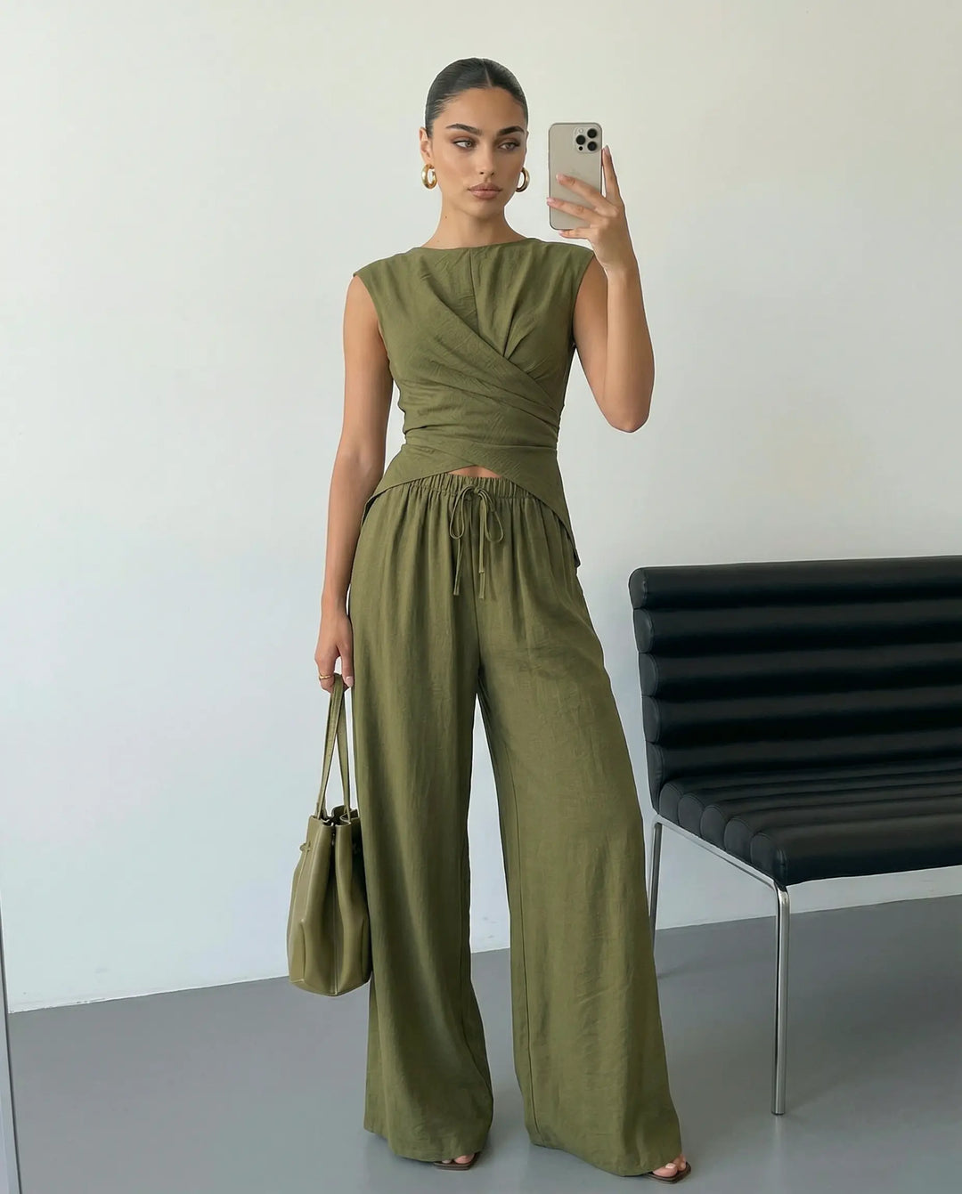 SOLACE  Army Green Sleeveless Wrap Top Wide Leg Pants Set 