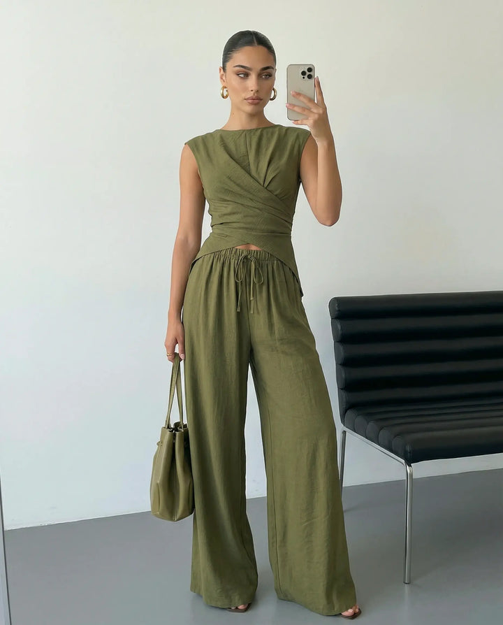 SOLACE  Army Green Sleeveless Wrap Top Wide Leg Pants Set 