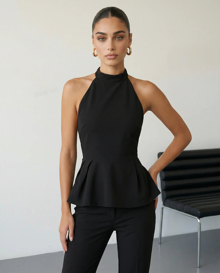 SOLACE  Black Solid Halter Neck Sleeveless Peplum Blouse 