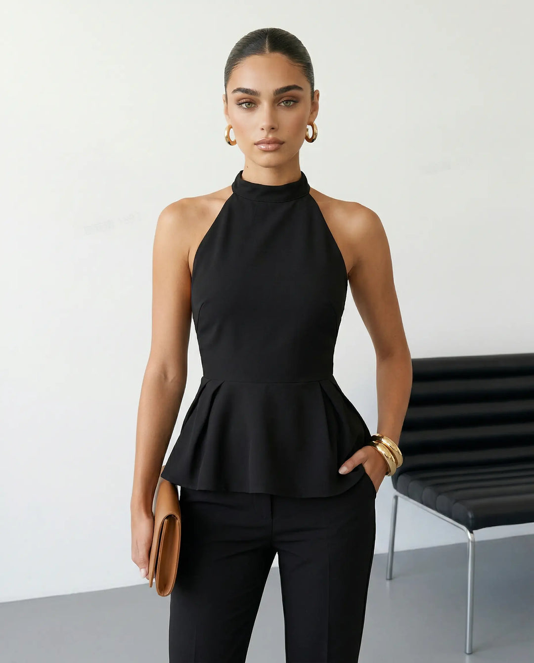 SOLACE  Black Solid Halter Neck Sleeveless Peplum Blouse 