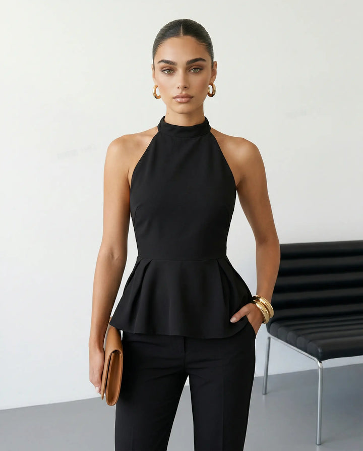 SOLACE  Black Solid Halter Neck Sleeveless Peplum Blouse 