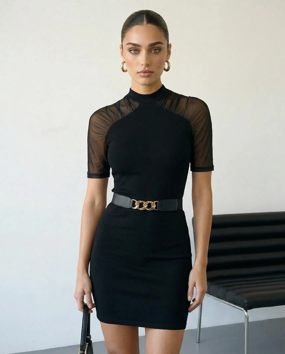 SOLACE  Black Mock Neck Mesh Panel Bodycon Mini Dress 