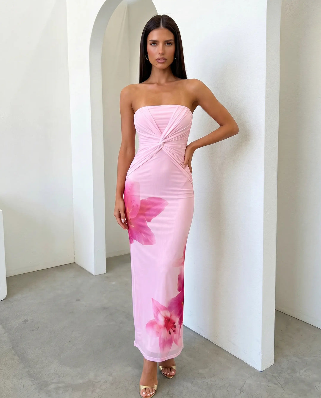 SOLACE  Pink Floral Print Strapless Twisted Mesh Maxi Dress 