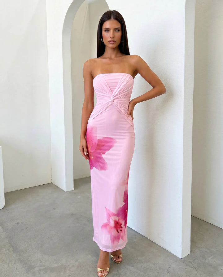 SOLACE  Pink Floral Print Strapless Twisted Mesh Maxi Dress 