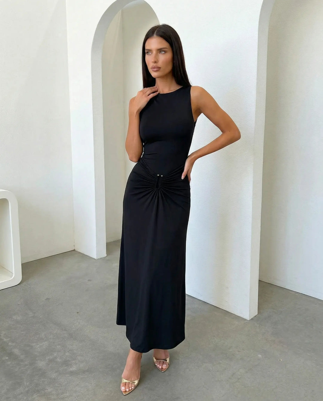SOLACE  Black Ruched Waist Sleeveless Bodycon Maxi Dress 