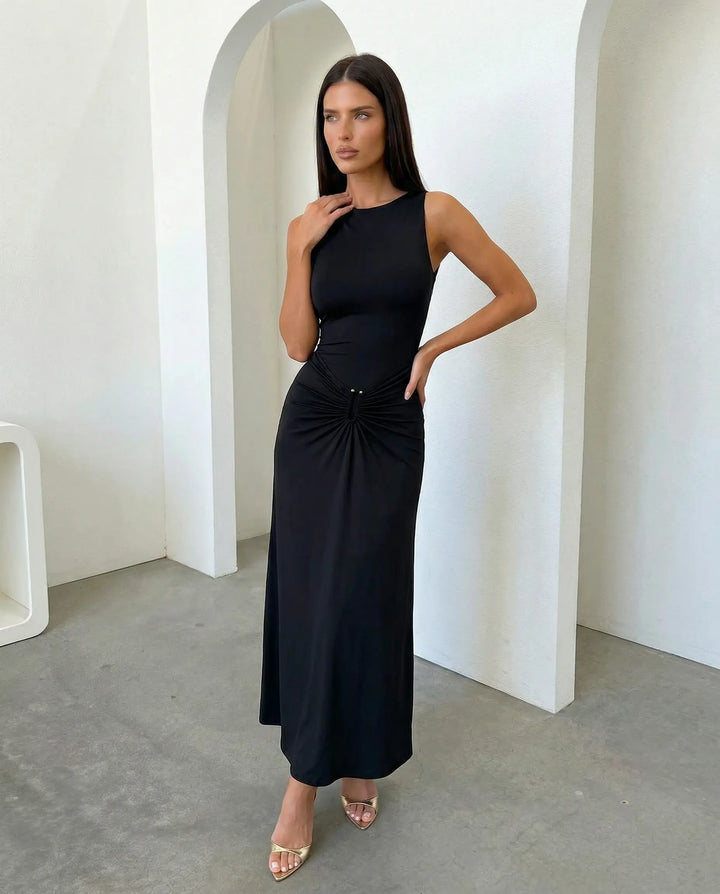 SOLACE  Black Ruched Waist Sleeveless Bodycon Maxi Dress 