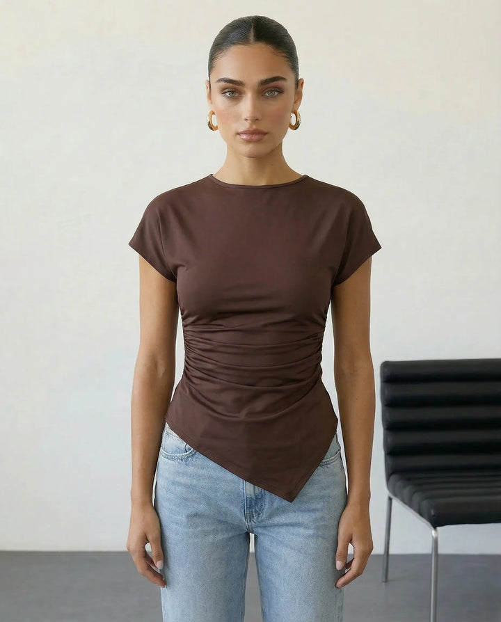SOLACE  Brown Ruched Side Short Sleeve T-Shirt 