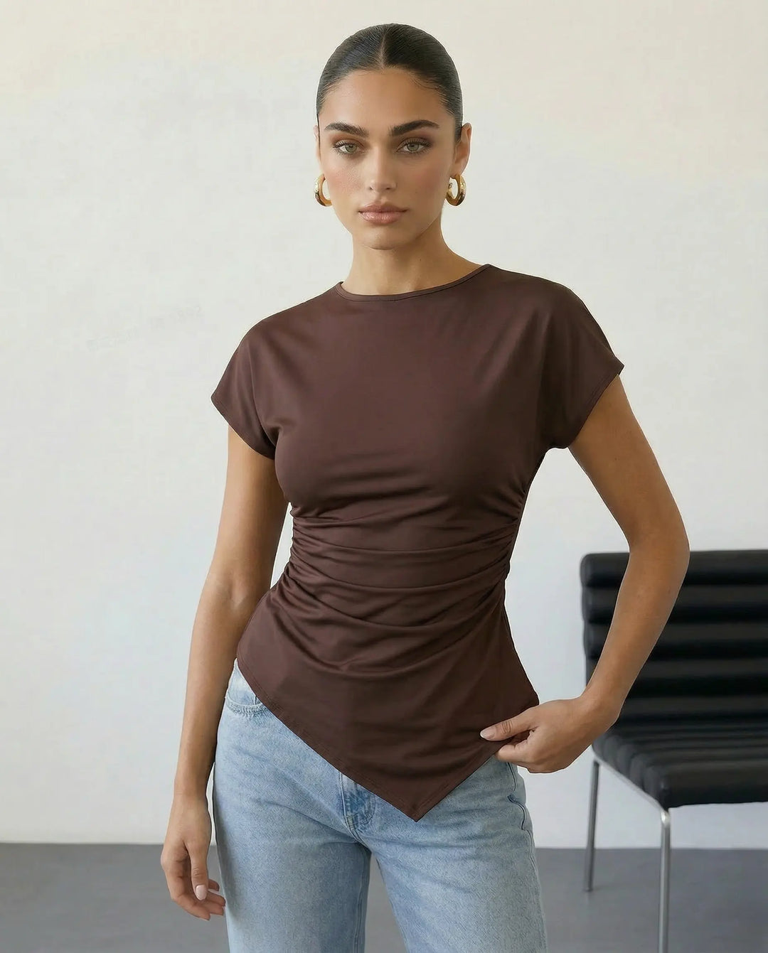 SOLACE  Brown Ruched Side Short Sleeve T-Shirt 