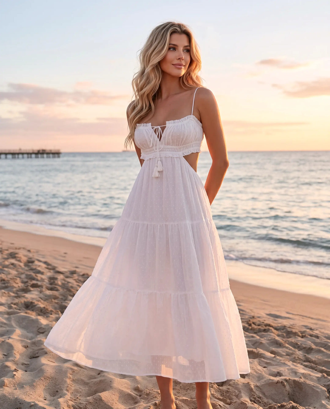 SOLACE  White Swiss Dot Cutout Waist Tiered Maxi Dress 