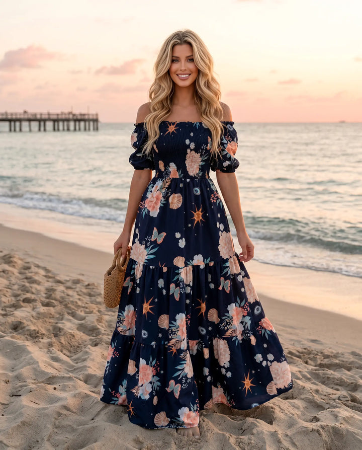 SOLACE  Navy Blue Floral Print Off-Shoulder Tiered Maxi Dress 