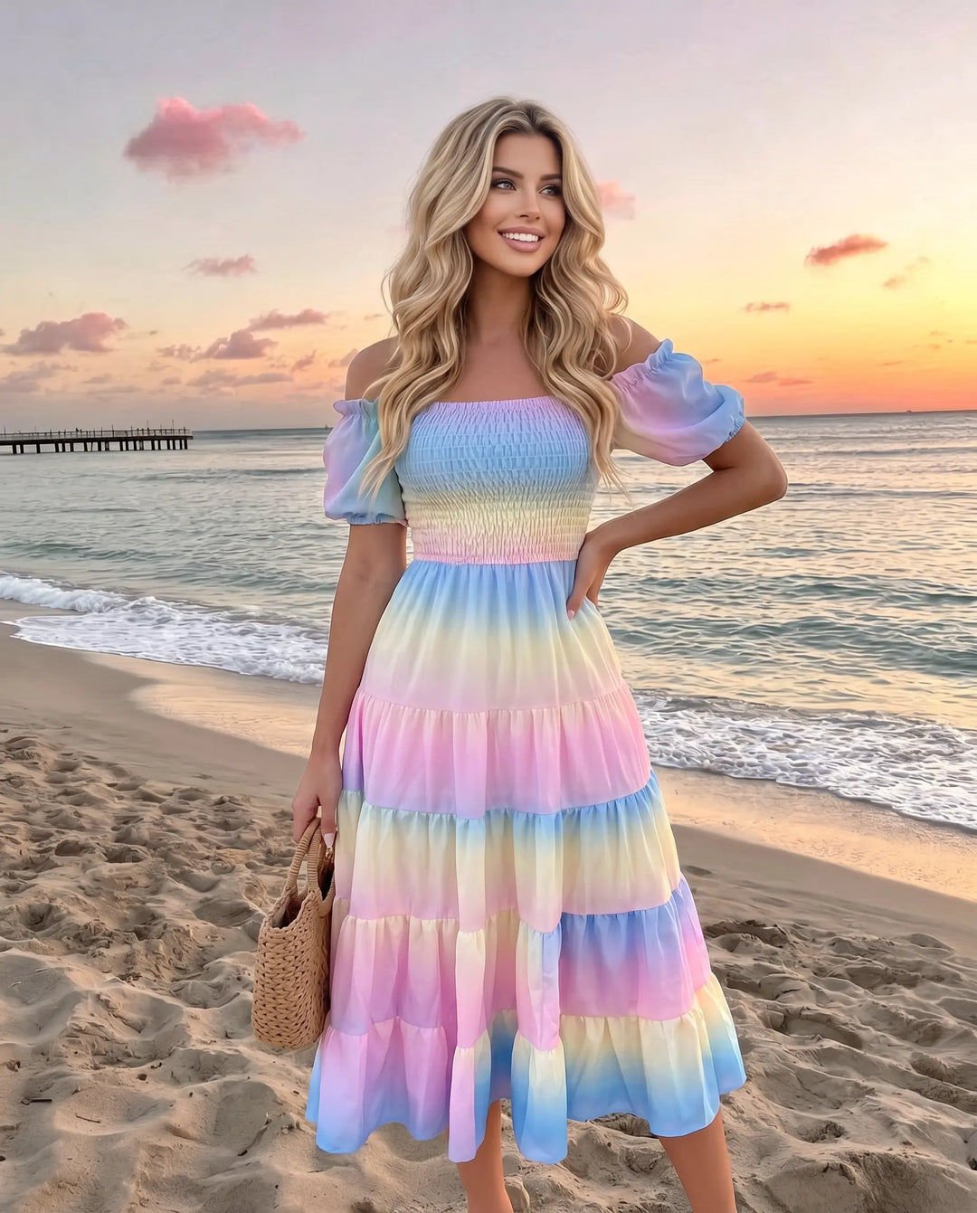 SOLACE  Rainbow Gradient Off-Shoulder Tiered Midi Dress 