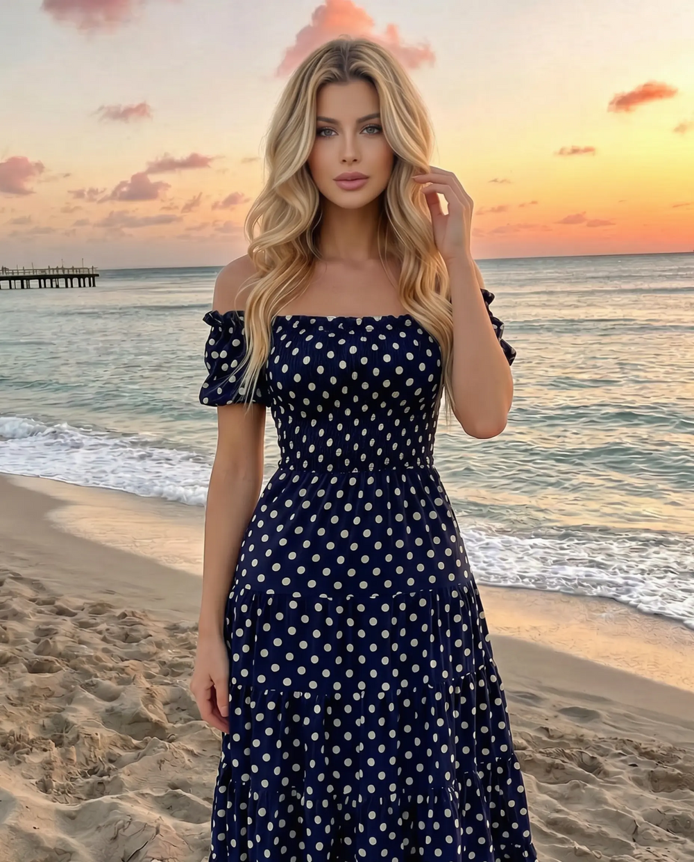 SOLACE  Navy Blue Polka Dot Off-Shoulder Tiered Midi Dress 