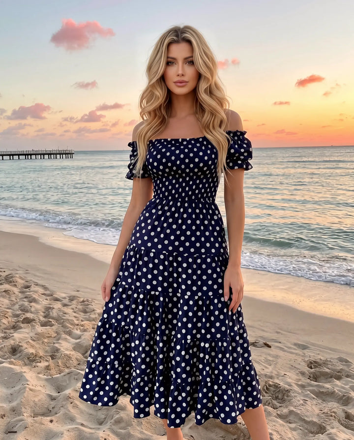 SOLACE  Navy Blue Polka Dot Off-Shoulder Tiered Midi Dress 