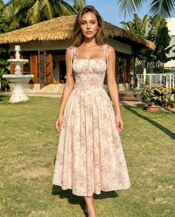 SOLACE  Pink Floral Print Tie Strap Corset Midi Dress 