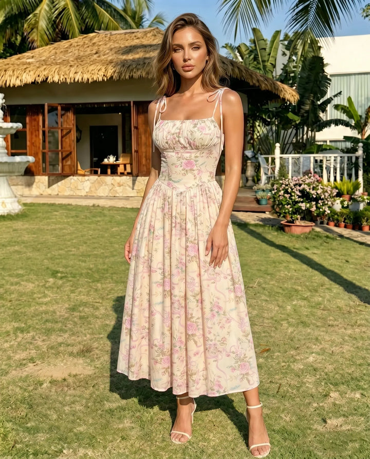 SOLACE  Pink Floral Print Tie Strap Corset Midi Dress 