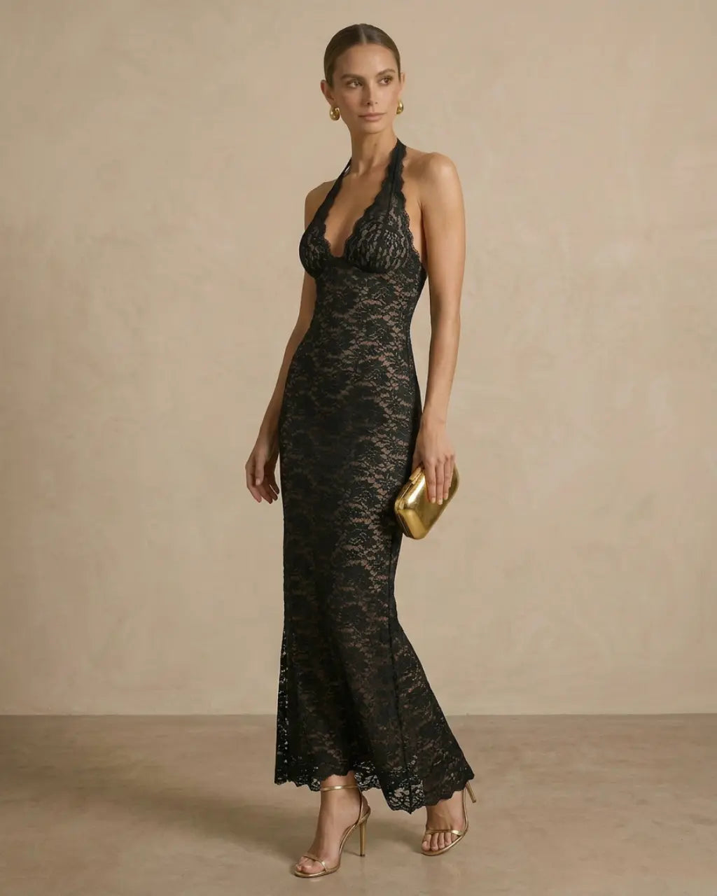 Black Halter Neck Lace Bodycon Maxi Dress SOLACE