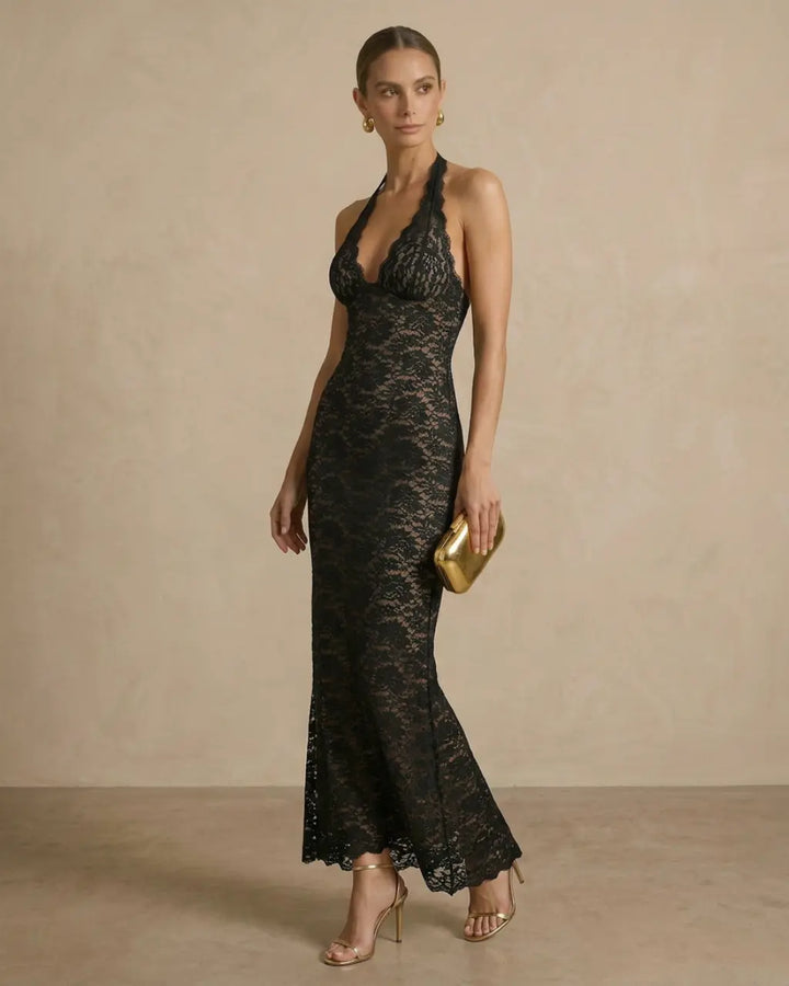 Black Halter Neck Lace Bodycon Maxi Dress SOLACE