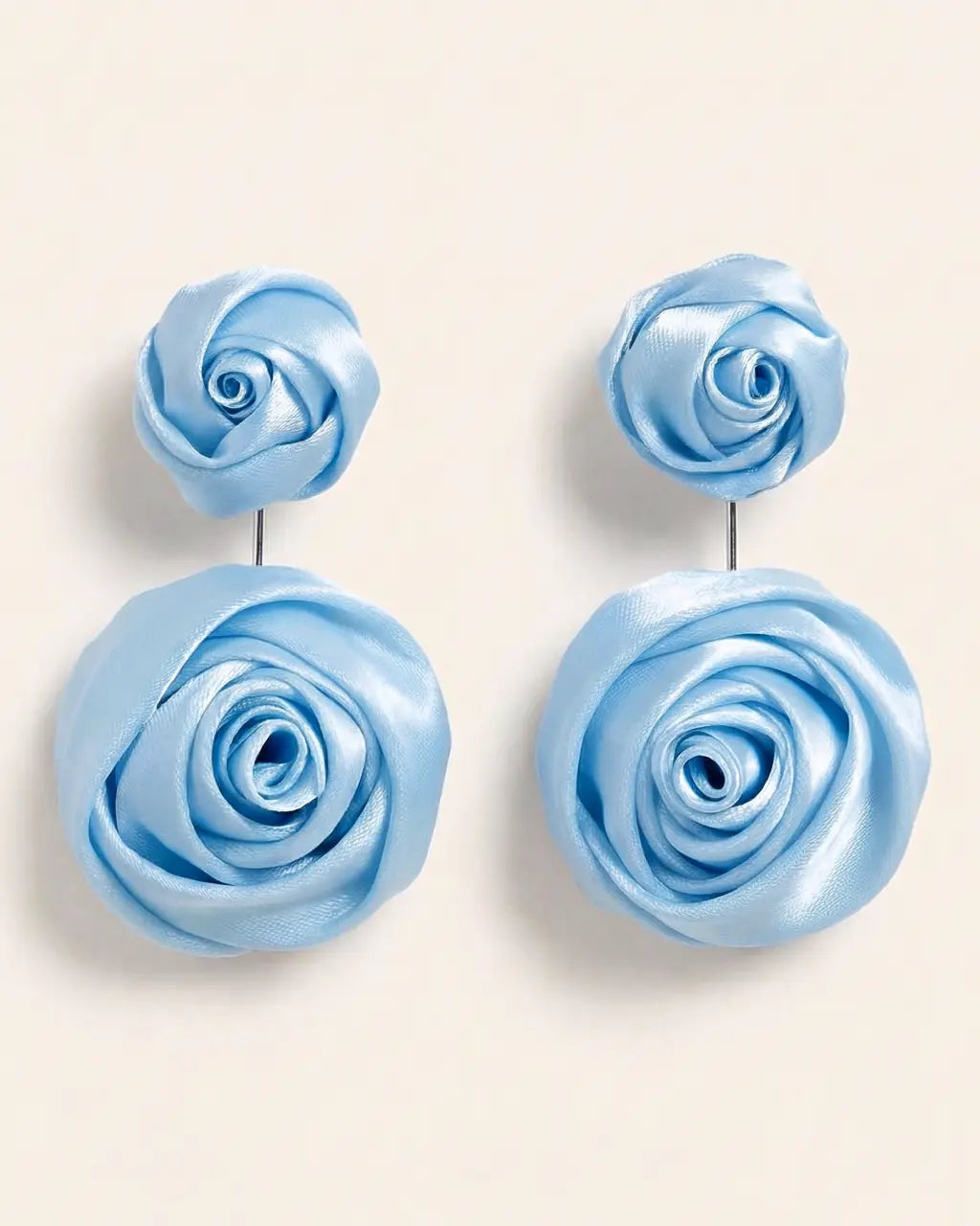 SOLACE  Light Blue Double Satin Rose Statement Drop Earrings 