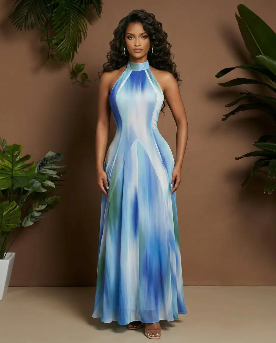 SOLACE  Halter Neck Tie Dye Print Sleeveless Maxi Dress 