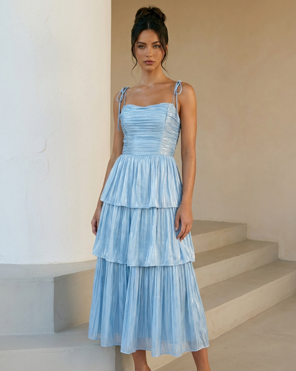 SOLACE  Light Blue Tie Shoulder Ruched Bust Tiered Plisse Midi Dress 