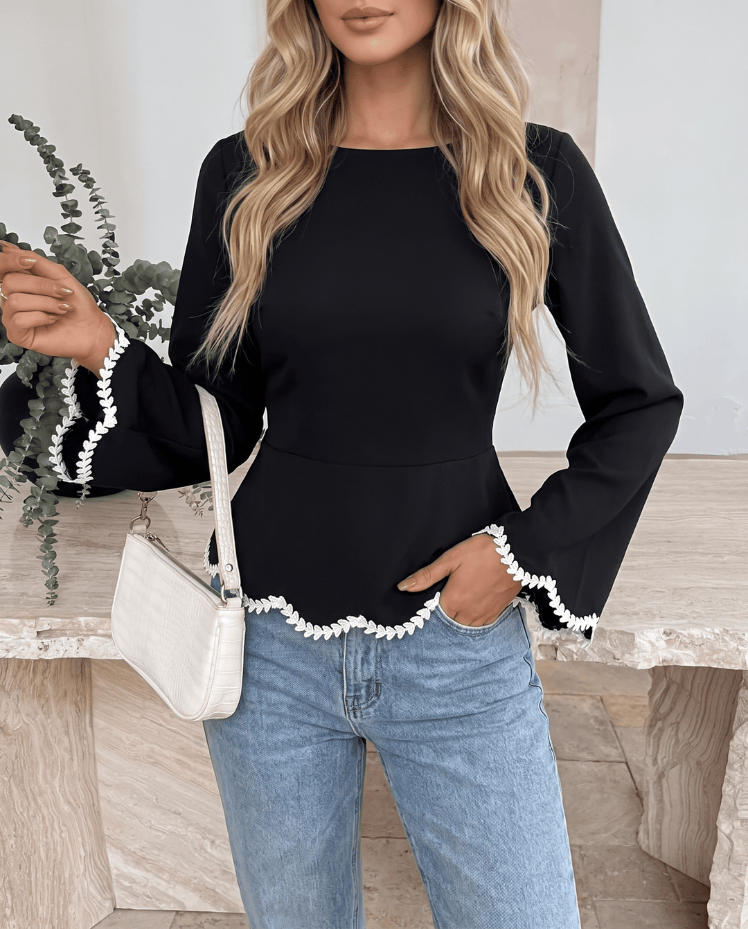 Lace Trim Back Tie Waist Long Sleeve Peplum Shirts