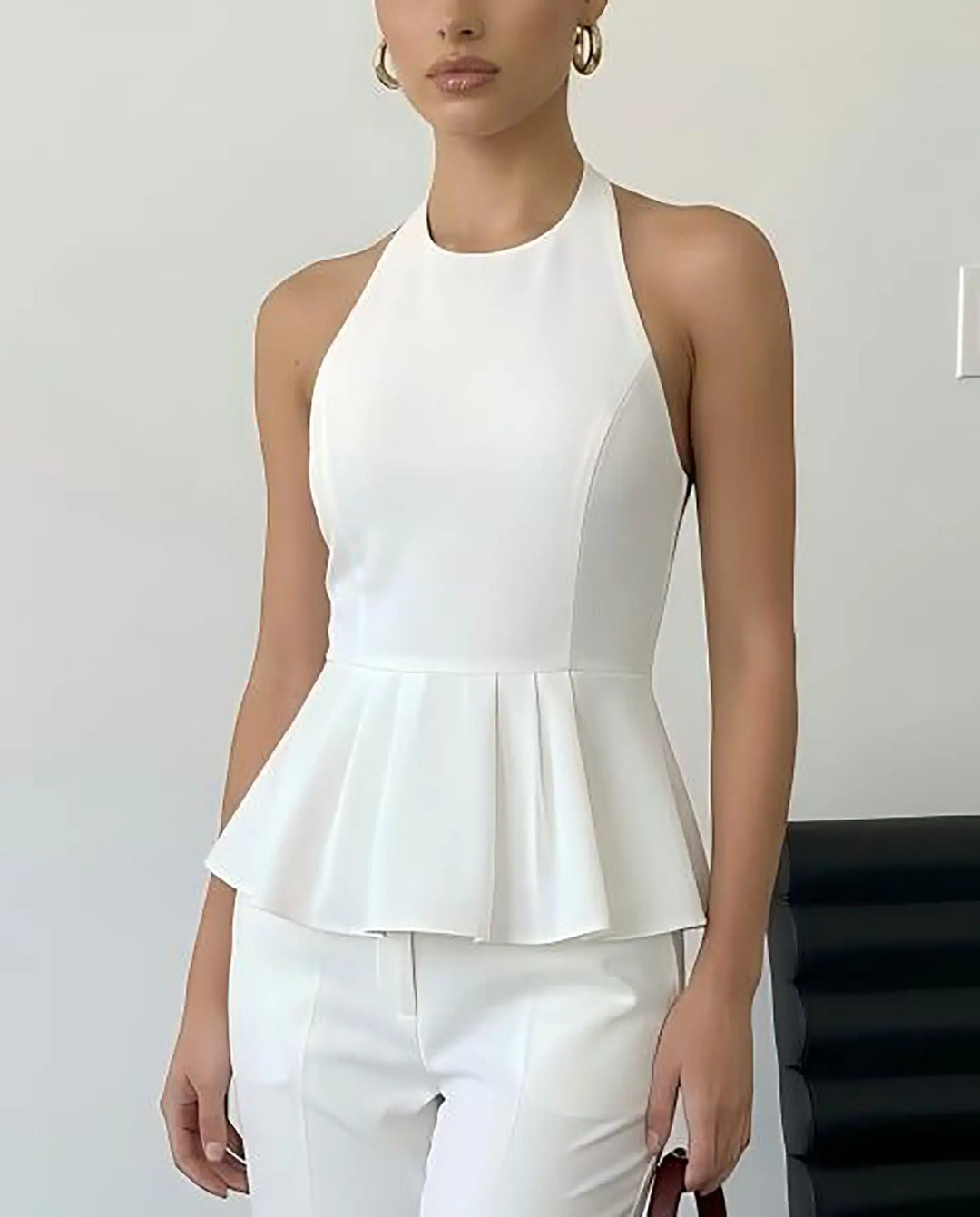 SOLACE  White Halter Neck Peplum Blouse 